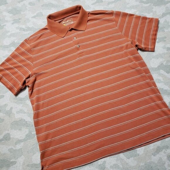 Eddie Bauer Travex Polo Shirt Mens Large Orange Stripe Short Sleeve - Picture 2 of 5